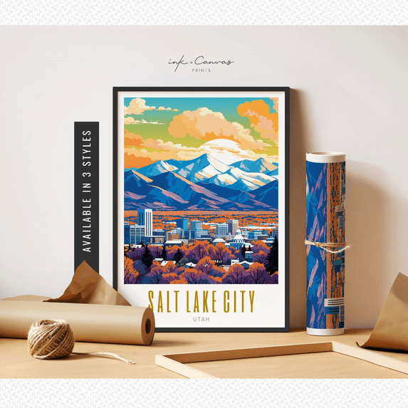 Lake Salt City Utah Retro Travel Utah Mountain Art Poster , Poster ...