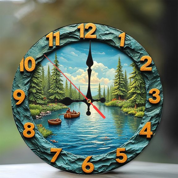 Lake Scene Canoe Wall Clock Rustic Decor 10-Inch Silent Wooden Wall Clock, Battery Operated (AA Batteries Not Included), Artistic Home Decor