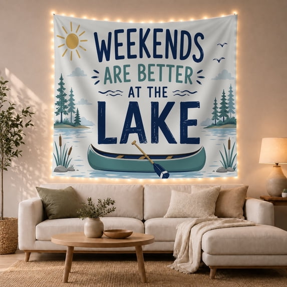 Lake Scene with Pine Trees and Sun Serene Illustration for Cabin Decor Lovers, Rustic Nature Wall Art, Birthday Gift Tapestry Wall Hanging for Bedroom and Living Room