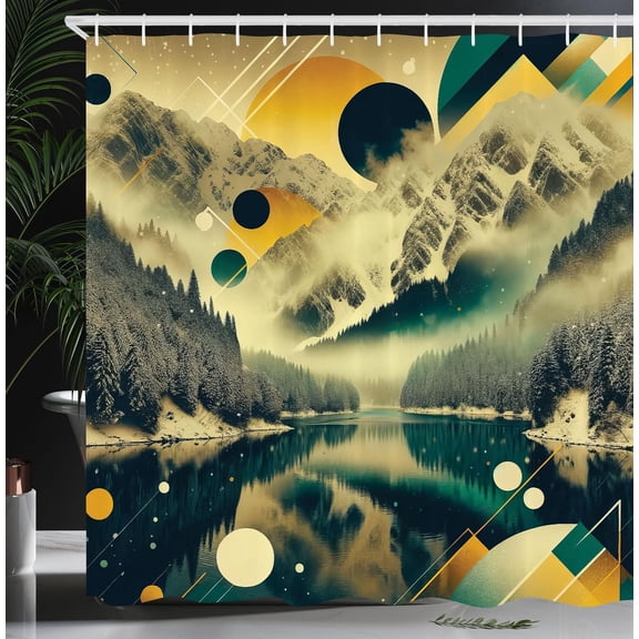 Lake Shower Curtain, Geometric Rounds and Triangles Ornate Misty Water Scene with Dark Woods, Cloth Fabric Bathroom Decor Set with Hooks, 69" W x 84" L, Emerald Pale Green Amber