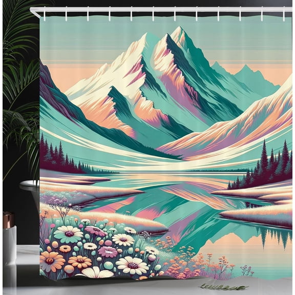 Lake Shower Curtain, Snowy Mountain Scenery and Floral Meadow Drawn with Dreamy Color Palette Print, Cloth Fabric Bathroom Decor Set with Hooks, 69" W x 84" L, Seafoam Coral Plum