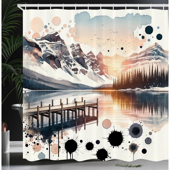 Lake Shower Curtain, Surreal Mountain Landscape Illustration Abstract Paint Splatter Blots, Cloth Fabric Bathroom Decor Set with Hooks, 69" W x 84" L, Peach and Pale Slate Blue