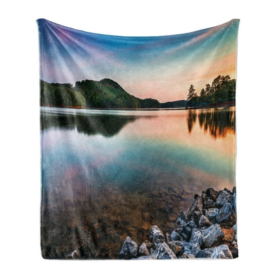 Lake Soft Flannel Fleece Blanket, Lake Allatoona at Red Top Mountain State Park North of Atlanta Scenic Spring Sunrise, Cozy Plush for Indoor and Outdoor Use, 50" x 60", Multicolor, by Ambesonne