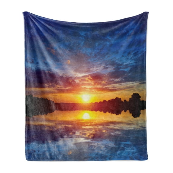 Lake Soft Flannel Fleece Blanket, Dreamy Sunset Scenery with Reflection on the Lake Dramatic Dusk Twilight, Cozy Plush for Indoor and Outdoor Use, 70" x 90", Blue Pale Orange Yellow, by Ambesonne