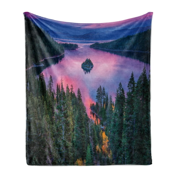 Lake Soft Flannel Fleece Blanket, High Angle Majestic View of North American Freshwater Lake Outdoor Mother Earth Image, Cozy Plush for Indoor and Outdoor Use, 70" x 90", Green Pink, by Ambesonne