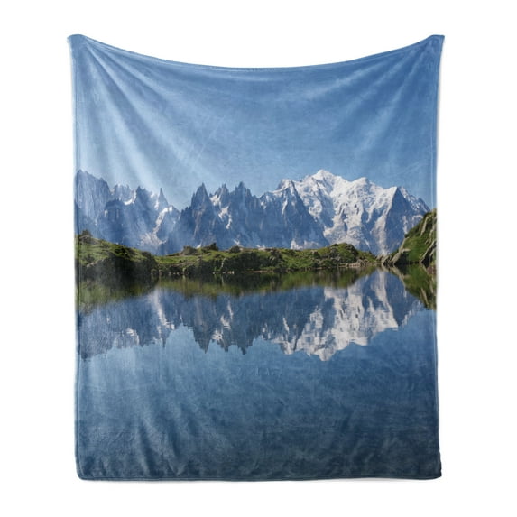 Lake Soft Flannel Fleece Blanket, Mont Blanc Mountain Range Reflected in Cheserys Lake Alps France Panorama, Cozy Plush for Indoor and Outdoor Use, 50" x 60", Pale Blue White Green, by Ambesonne
