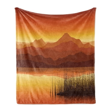 Lake Soft Flannel Fleece Throw Blanket, Abstract Landscape Huge Mountains at Sunset near Lake Grass, Cozy Plush for Indoor and Outdoor Use, 70" x 90", Brown Orange, by Ambesonne