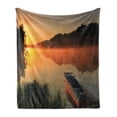 thumbnail image 1 of Lake Soft Flannel Fleece Throw Blanket, Boat on the Shore of a Misty Lake on a Summer Morning Fishing Theme, Cozy Plush for Indoor and Outdoor Use, 50" x 70", Orange Dark Green Yellow, by Ambesonne, 1 of 6