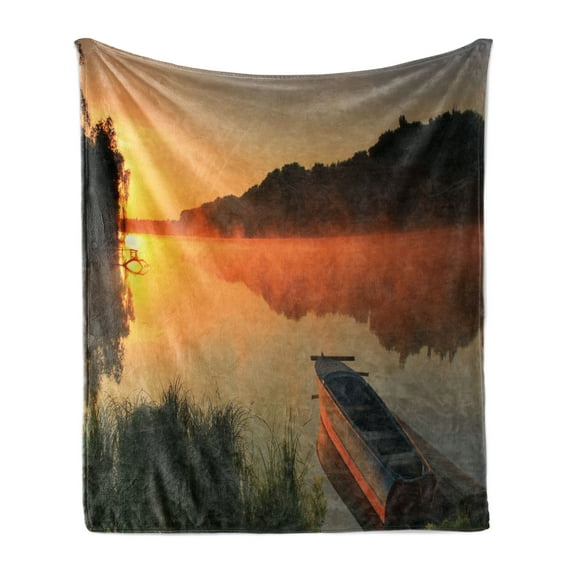 Lake Soft Flannel Fleece Throw Blanket, Boat on the Shore of a Misty Lake on a Summer Morning Fishing Theme, Cozy Plush for Indoor and Outdoor Use, 50" x 70", Orange Dark Green Yellow, by Ambesonne