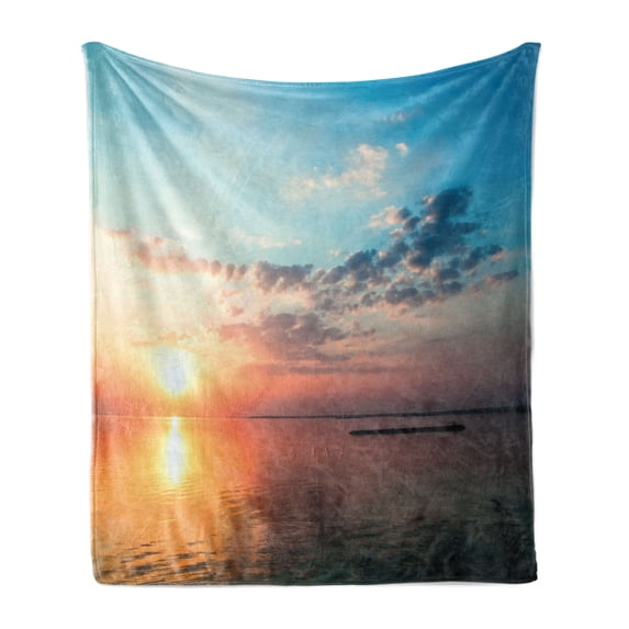 Lake Soft Flannel Fleece Throw Blanket, Dramatic Sunset with Cloudy Sky Above Dreamlike Twilight Scenery Colorful Horizon, Cozy Plush for Indoor and Outdoor Use, 60" x 80", Multicolor, by Ambesonne
