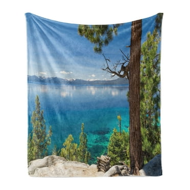 Lake Soft Flannel Fleece Throw Blanket, Panoramic Perspective from East Shore Pine Trees and Reflections Image, Cozy Plush for Indoor and Outdoor Use, 60" x 80", Green Blue, by Ambesonne
