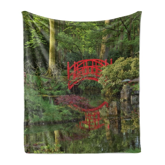Lake Soft Flannel Fleece Throw Blanket, Red Chinese Bridge in a Forest of Green Tree Leaves Reflection on River Nature Scene, Cozy Plush for Indoor and Outdoor Use, 50" x 60", Red Green, by Ambesonne