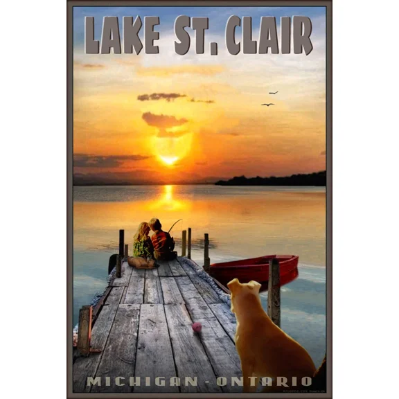 Lake St. Clair Kids Fishing Red Rowboat Dogs Travel Poster Broders Art Print Home Decor Office Wall Art