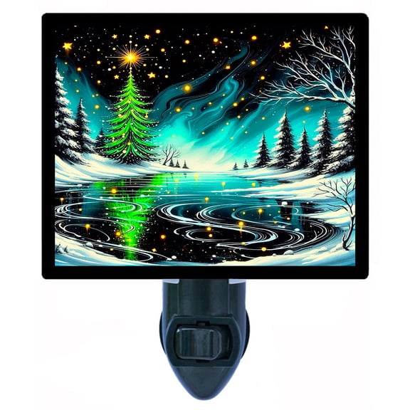 Lake of Stars Night Light  Glowing Christmas Tree Reflected on Frozen Lake with Northern Lights and Snowy Pines, Winter Holiday Dcor  Includes Free Switchable Insert