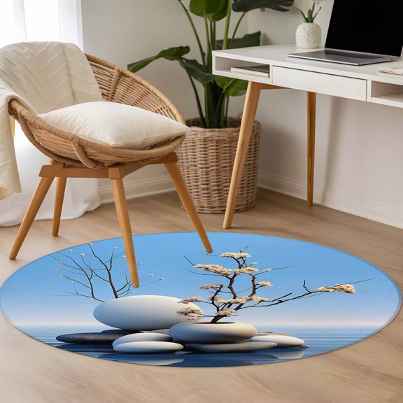 Lake Stone 3.3ft Round Rug for Bedroom Reading Corner, Overlay with Vases Zen Buddhism Washable Non Slip Circle Area Rug