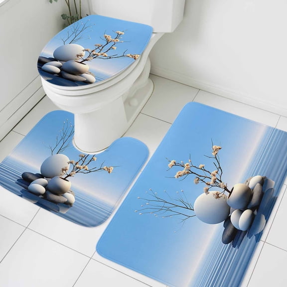 Lake Stone Bathroom Rugs Set Overlay with Vases Zen Buddhism Non Slip Absorbent Soft Bath Mats 3 Piece Set with Bathroom Rug, U-Shaped Floor Mat, Toilet Seat Cover Small Size