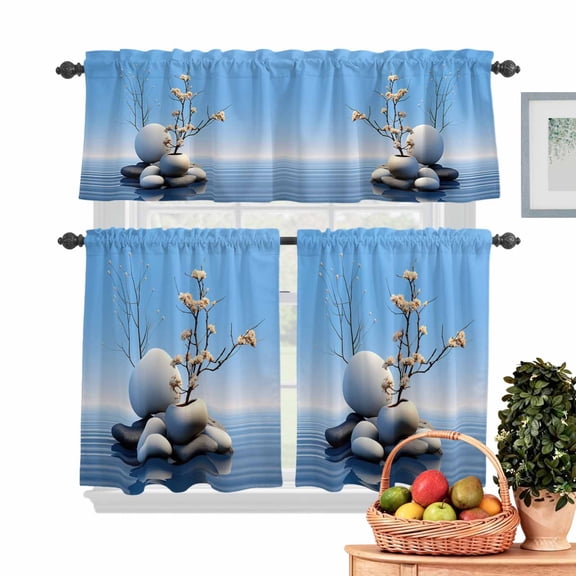 Lake Stone Kitchen Curtains Valances 3 Piece Set, Overlay with Vases Zen Buddhism Rod Pocket Tier Curtain and Valance Drapes for Small Window 24 Inch Length for Bedroom Cafe