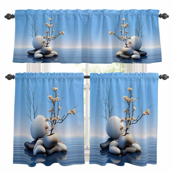 Lake Stone Kitchen Curtains Valances and Tiers Set of 3 Overlay with Vases Zen Buddhism Tier Curtains and Valance with Rod Pocket for Small Windows, 27.5"x24"