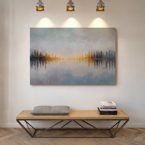 Lake Sunrise Wall Art Poster Golden Trees Reflection Landscape With Soft Pastel Sky For Serene Decor , Poster Print Only