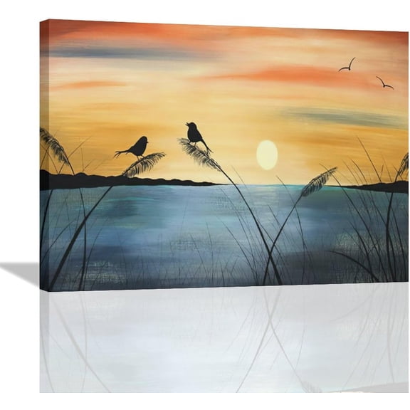 Lake Sunset Canvas Wall Art Mountain Scenery Pictures Wall Decor Landscape Birds Painting Prints Romantic Scenic Large Framed Artwork Home Decorations for Bathroom Bedroom Living Room Office 16"x12"