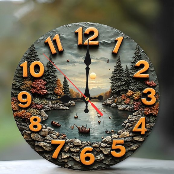 Lake Sunset Landscape Wall Clock 10-Inch Silent Wooden Wall Clock, Battery Operated (AA Batteries Not Included), Artistic Home Decor