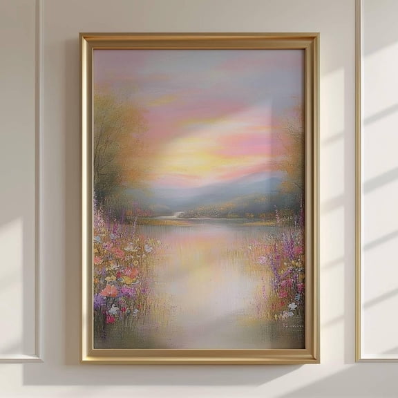 Lake Sunset Wall Art Cottagecore Farmhouse Decor Design 1, Unframed Canvas 8x10in