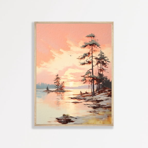Lake Sunset Wall Art Retro Pastel Landscape Home Decor