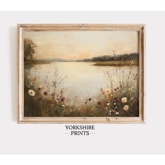 Lake Sunset With Wildflower Meadow Wall Art Print, Impressionist Landscape And Nature Decor