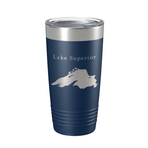 Lake Superior Map Tumbler Travel Mug Insulated Laser Engraved Coffee Cup Michigan Minnesota Wisconsin 20 oz Navy Blue