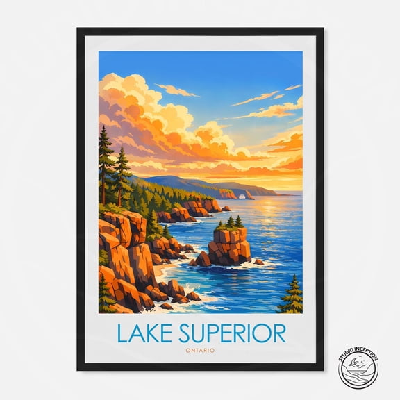 Lake Superior Travel Poster Lake Superior Ontario Wall Art Great Lakes Landscape Print Coastal Sunset Art Nature Lover Gift