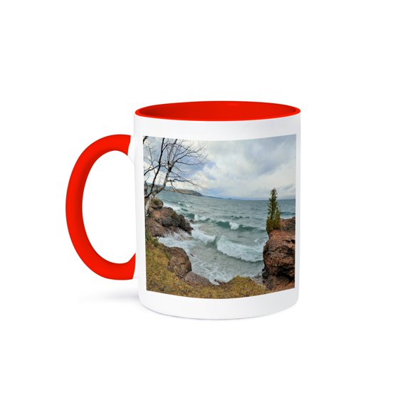 3drose, Lake Superior Waves in November, 11oz Two-tone Red Mug