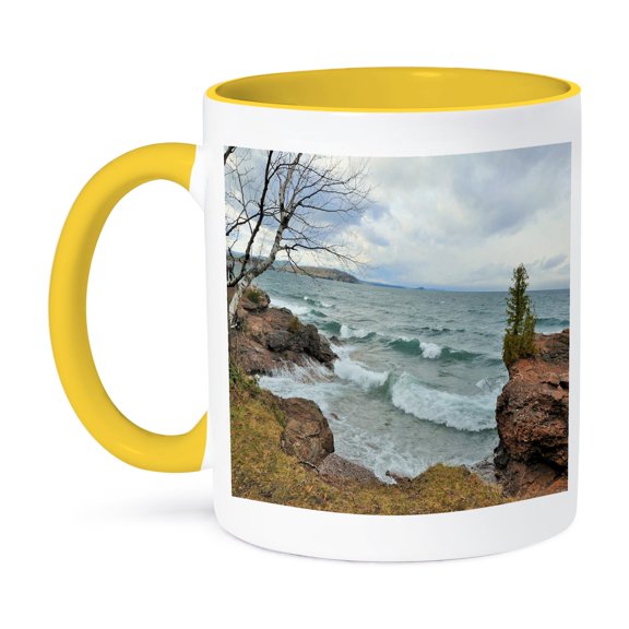 3drose, Lake Superior Waves in November, 11oz Two-tone Yellow Mug
