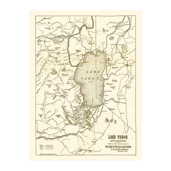 Lake Tahoe Art, 1915 Vintage Map of Lake Tahoe History Wall Decor Gift, Old Lake Tahoe Map - 18" x 24" Unframed Print