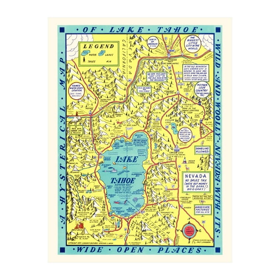 Lake Tahoe Art, 1947 Vintage Map of Lake Tahoe History Wall Decor Gift, Old Lake Tahoe Map - 18" x 24" Unframed Print