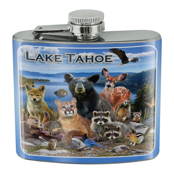 Lake Tahoe California CA Nevada NV Animals Bear Cougar Deer Stainless Steel 5oz Hip Drink Kidney Flask