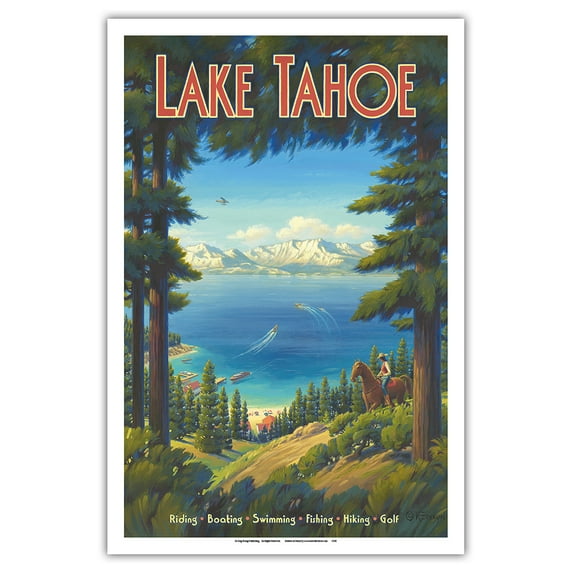 Lake Tahoe California - Riding Boating Swimming Fishing Hiking Golf - Vintage Travel Poster by Kerne Erickson - Master Art Print (Unframed) 12in x 18in