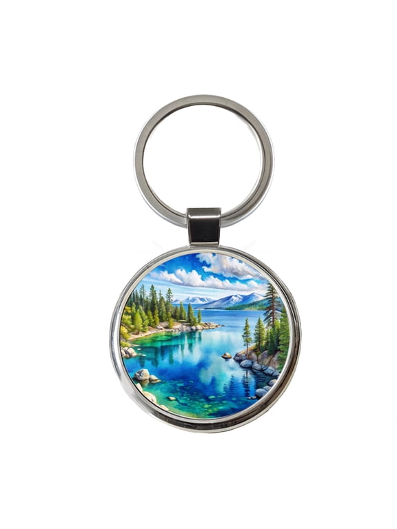 Lake Tahoe California Watercolor Metal Round Keychain