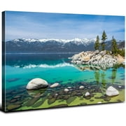 Lake Tahoe Canvas Wall Art Rocky Shore In Nevada California Picture for Living Room Home Decoration 12x16 Nature Wilderness Landscape Photo Realism Artwork Rustic Clear Aesthetic Scenic Poster