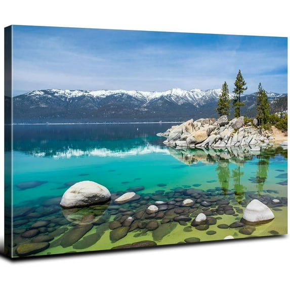 Lake Tahoe Canvas Wall Art Rocky Shore In Nevada California Picture for Living Room Home Decoration 12x16 Nature Wilderness Landscape Photo Realism Artwork Rustic Clear Aesthetic Scenic Poster