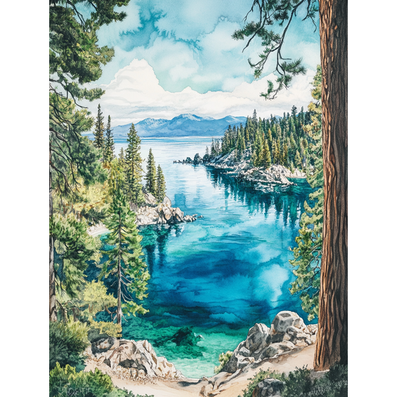 Lake Tahoe Landscape Watercolor Painting/Canvas Print,Suitable for Living Room,Bedroom,Office,Bathroom,Hotel Decoration