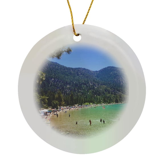 3drose, Lake Tahoe Sand Harbor Beautiful View Summer Fun Mountains, Circle Porcelain Ornament