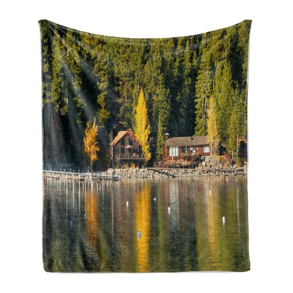 Lake Tahoe Soft Flannel Fleece Throw Blanket, Carnelian Bay Photography Log Cabin in the Woods Holiday Destination Lakeside, Cozy Plush for Indoor and Outdoor Use, 50" x 60", Multicolor, by Ambesonne