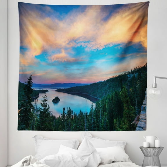 Lake Tahoe Tapestry, High Angle View Californian Freshwater Lake Tranquil Scene Sundown, Fabric Wall Hanging Decor for Bedroom Living Room Dorm, 5 Sizes, Forest Green Sky Blue, by Ambesonne