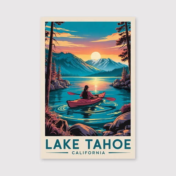 Lake Tahoe Travel Canvas California Wall Art Mountain Lake Print Canvas Forest View Illustration Alpine Decor Lake Tahoe Canvas Souvenir Scene-1WN604