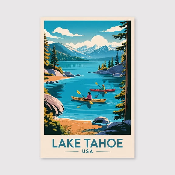 Lake Tahoe Travel Canvas USA Wall Art Mountain Lake Print Canvas Forest View Illustration Outdoor Decor Lake Tahoe Canvas Souvenir Scene-1WN710