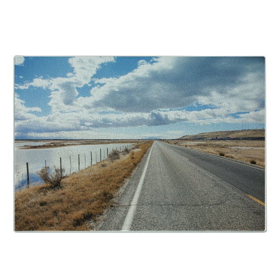 Lake Theme Cutting Board, Adventure Themed Pattern of a Road near the Lake City Utah Deserted Landscape, Decorative Tempered Glass Cutting and Serving Board, in 3 Sizes, by Ambesonne