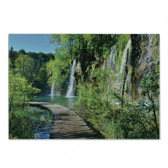 Lake Theme Cutting Board, Pattern of a Boardwalk Through the Waterfalls of Plitvice National Park Croatia, Decorative Tempered Glass Cutting and Serving Board, in 3 Sizes, by Ambesonne