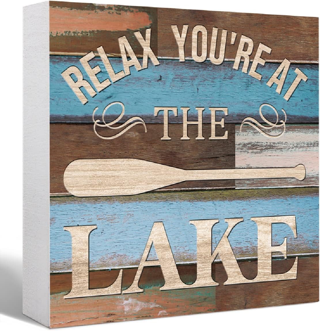 Lake Theme Wood Block Sign - Rustic Cabin In The Woods Desk Decor For Home Office Shelf Display