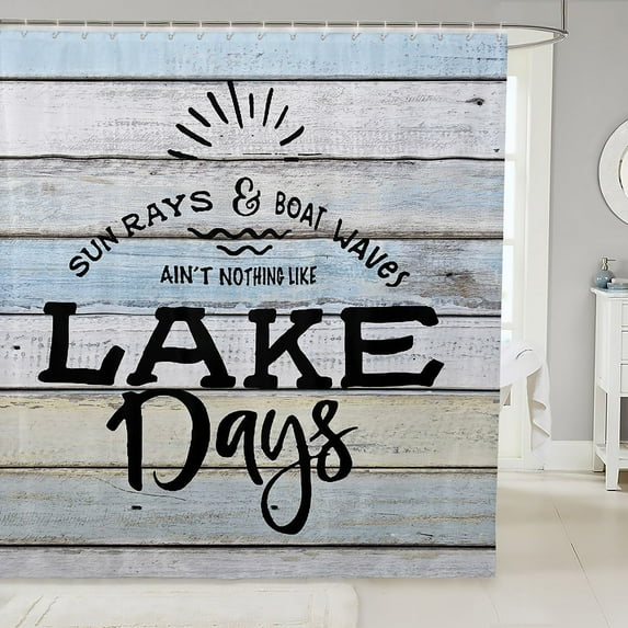 Lake Theme Shower Curtain Vintage Wood Farmhouse Bathroom Shower Curtain Set for Kids Adult Lake Life Bath Curtain Wood Rustic Waterproof Curtains Room Decor 72 x 72 Inch