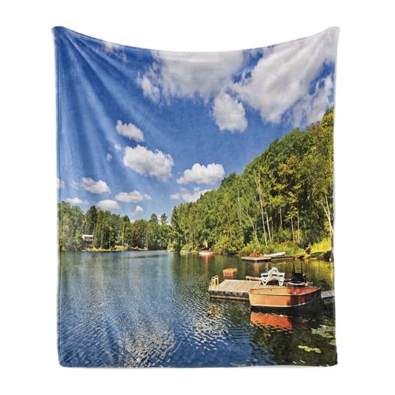 Lake Theme Soft Flannel Fleece Throw Blanket, Illustration of Docks in Ontario Canada Cottage Countryside Natural Feels, Cozy Plush for Indoor and Outdoor Use, 50" x 60", Multicolor, by Ambesonne
